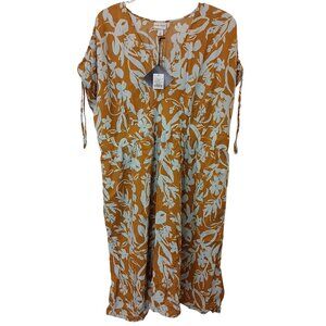 Ava & Viv Womens Floral VNeck Midi Dress 2X Gold White Lightweight Pockets #D-31